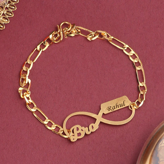 Custom Gold-Plated Bracelet Rakhi with "Bro" Infinity Charm - Personalized for Rahul