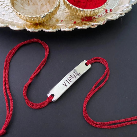 Premium Silver Plated Metal Bar Name Rakhi Collection