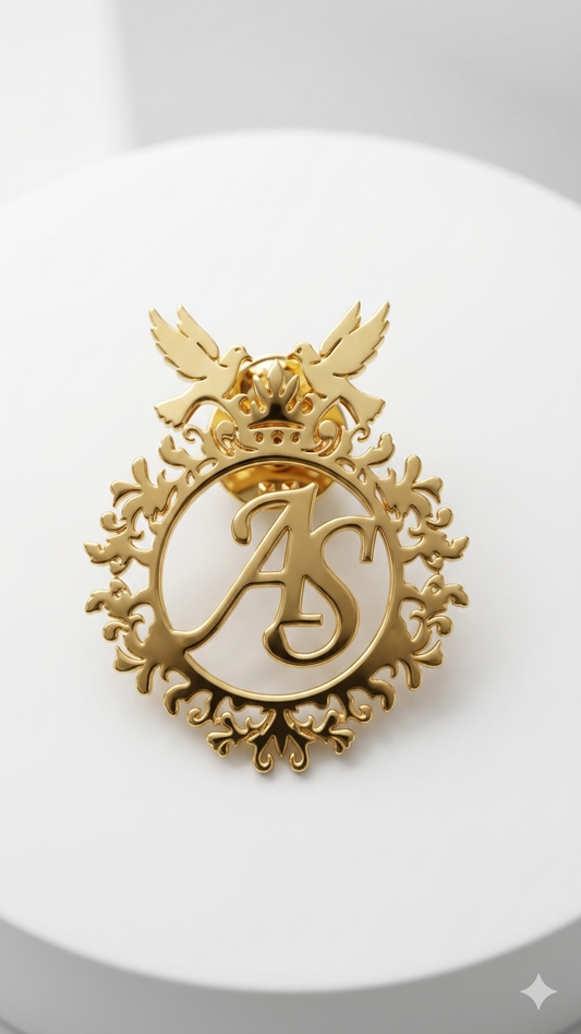 Personalized Gold-Plated Brass AS Monogram Brooch with Bird & Crown Design