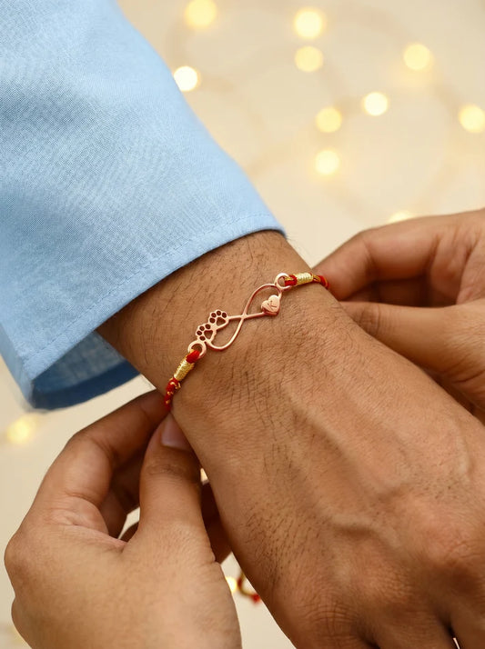 Personalized Rose Gold Infinity Paw Print Rakhi with Initial K Heart Charm for Brother & Pet Lovers