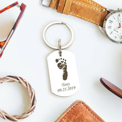 Custom Foot Finger Print with Name Date Birthday Presents Gifts for Dad key chain.