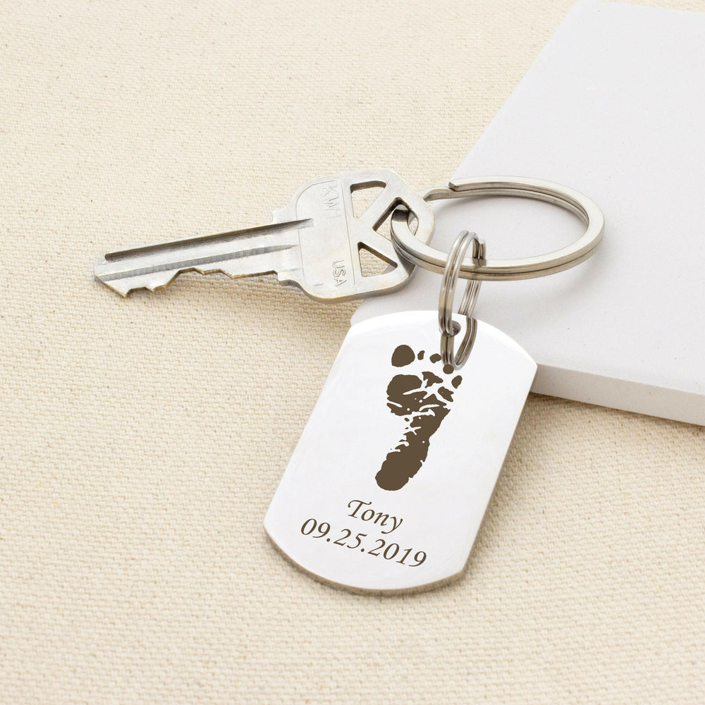 Custom Foot Finger Print with Name Date Birthday Presents Gifts for Dad key chain.