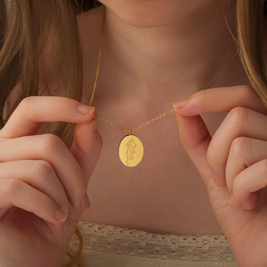 Custom Oval Birth Flower Necklace Birth Flower Jewelry.