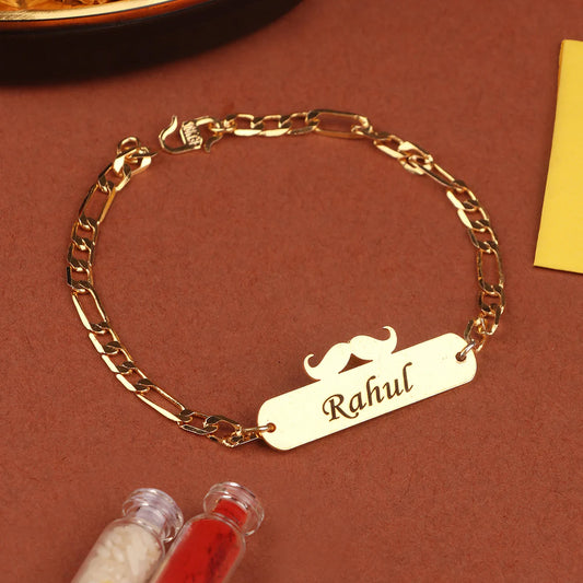 Personalized Golden Name Bracelet Moustache  Rakhi