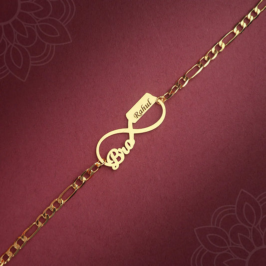 Custom Gold-Plated Bracelet Rakhi with "Bro" Infinity Charm - Personalized for Rahul