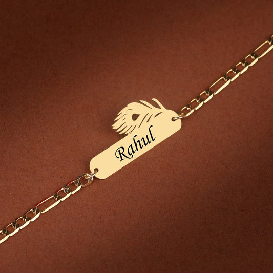 Personalized Golden Name Bracelet Rakhi with Peacock Feather Design - Rahul