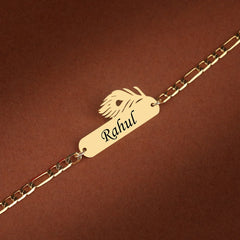 Personalized Golden Name Bracelet Rakhi with Peacock Feather Design - Rahul