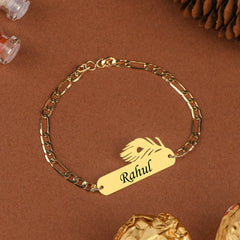 Personalized Golden Name Bracelet Rakhi with Peacock Feather Design - Rahul