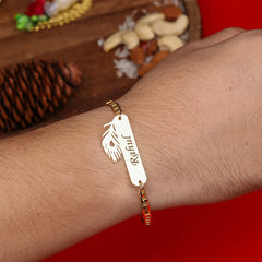 Personalized Golden Name Bracelet Rakhi with Peacock Feather Design - Rahul