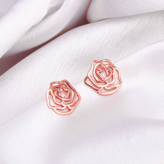 Rose Gold Plated Cutout Rose Flower Stud Earrings for Women & Girls