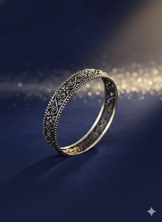 Oxidised Silver Floral Design Bangles for Women | Traditional Handcrafted Ethnic Kada | Size 2.4 | Set of 2 Designer Bangles