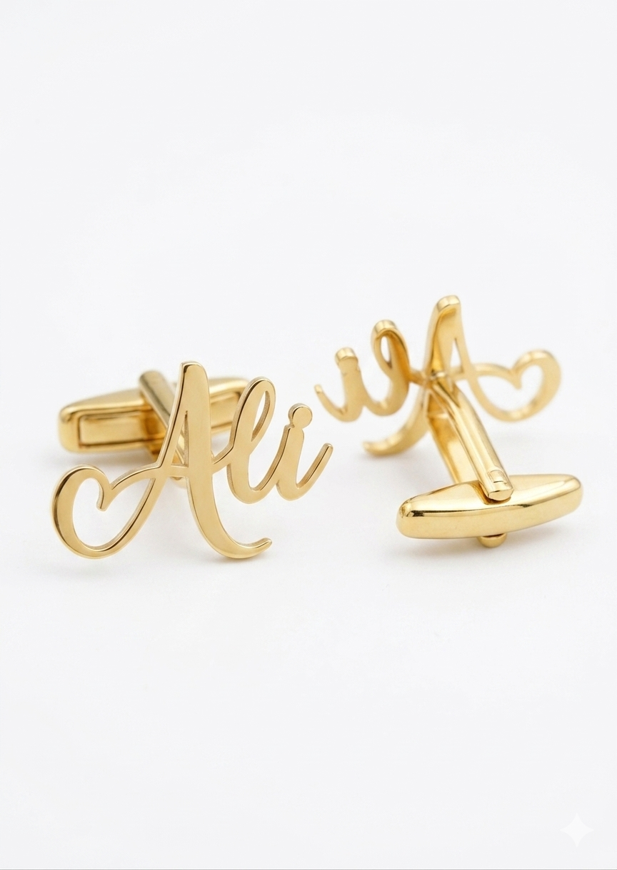 Custom Ali Name Cufflinks - Premium Gold Polish Personalized Heart Script Design