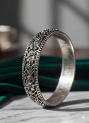 Oxidised Silver Floral Design Bangles for Women | Traditional Handcrafted Ethnic Kada | Size 2.4 | Set of 2 Designer Bangles