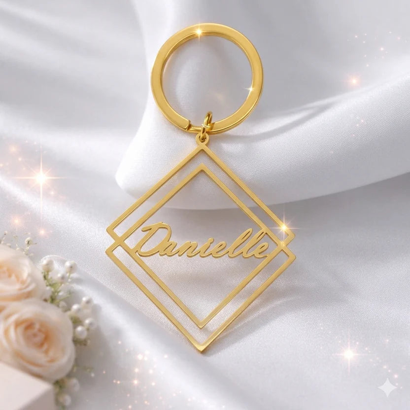 Personalized Gold-Plated Double Square Name Keychain