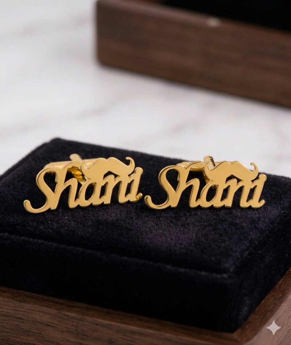 Personalized Name Cufflinks with Mustache Design