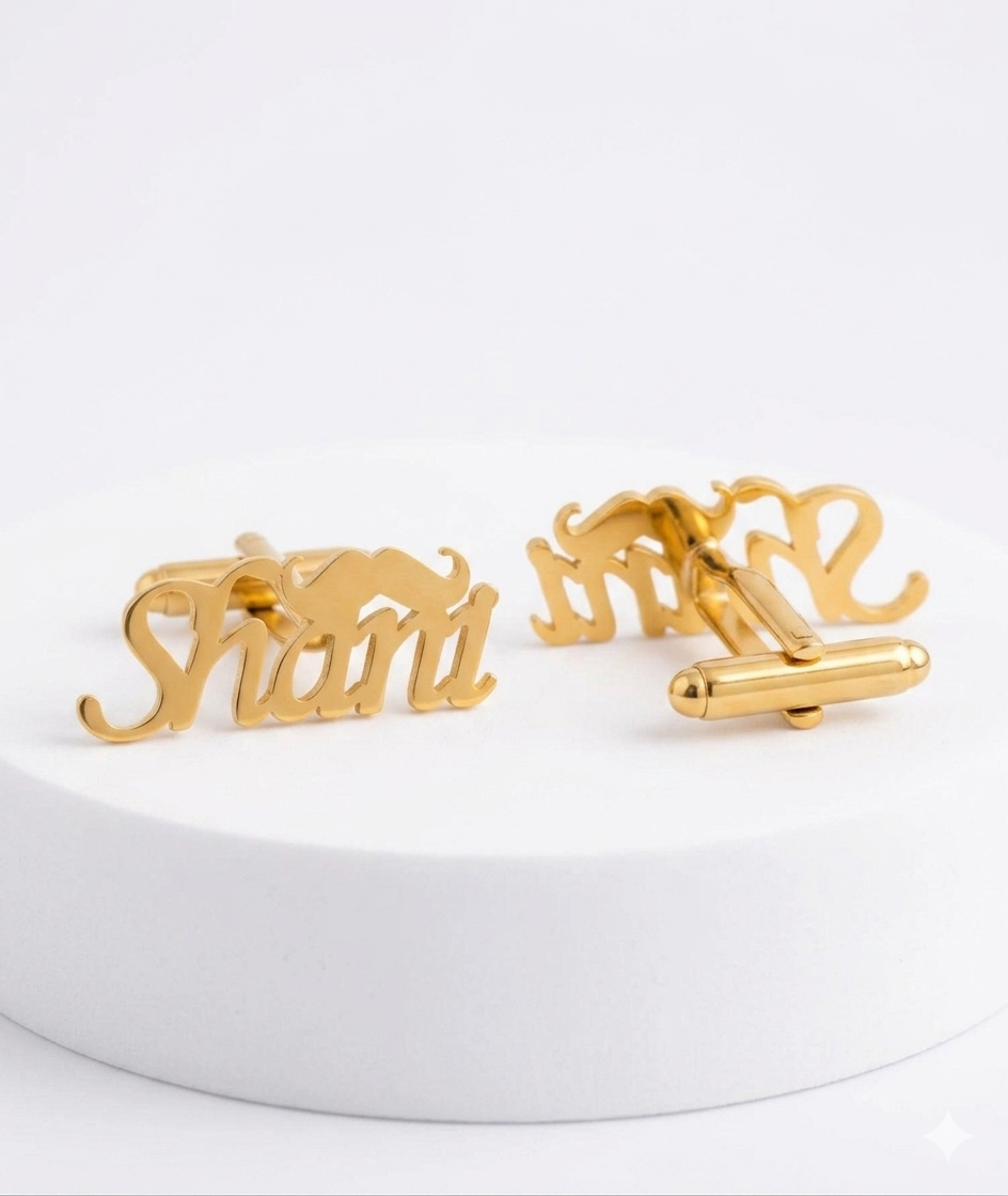 Personalized Name Cufflinks with Mustache Design