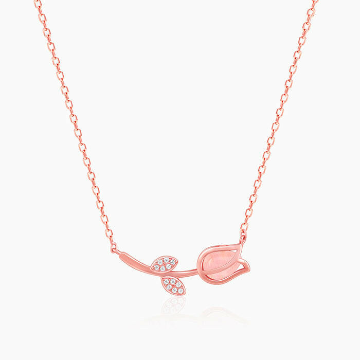 Rose Gold Pink Quartz Flower Necklace Pendant.