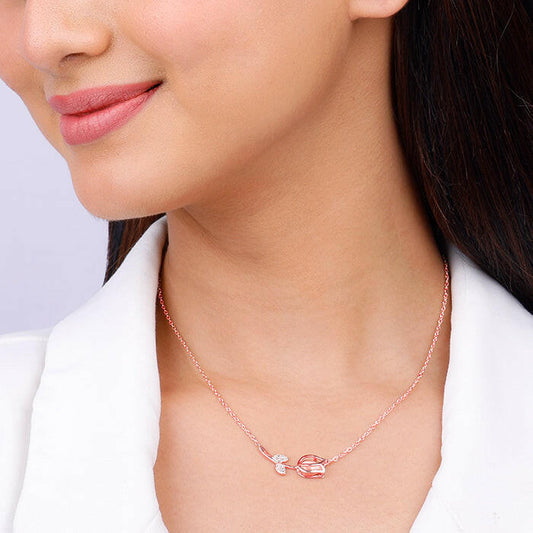 Rose Gold Pink Quartz Flower Necklace Pendant.
