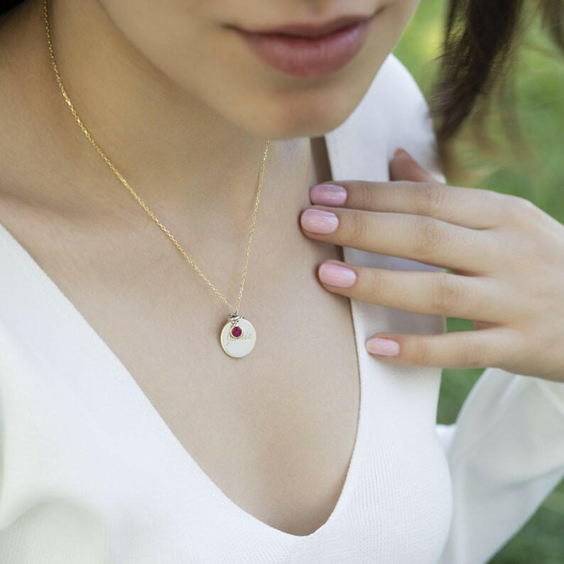 Personalized Disc Birthstone Necklace Necklace.