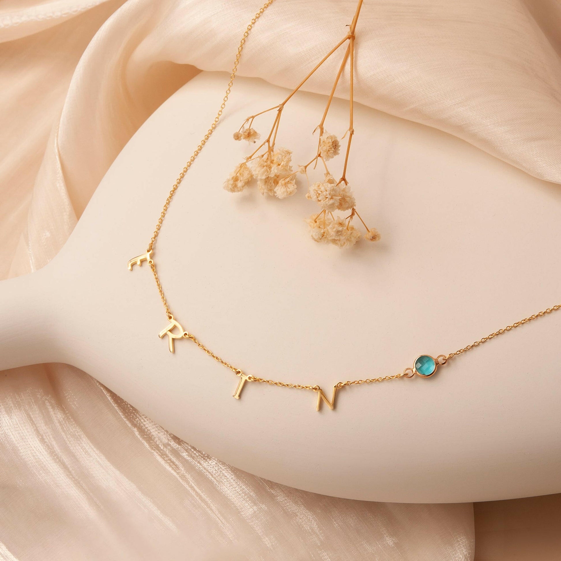 Personalized Horizontal Charms and Birthstone Necklace Necklace.