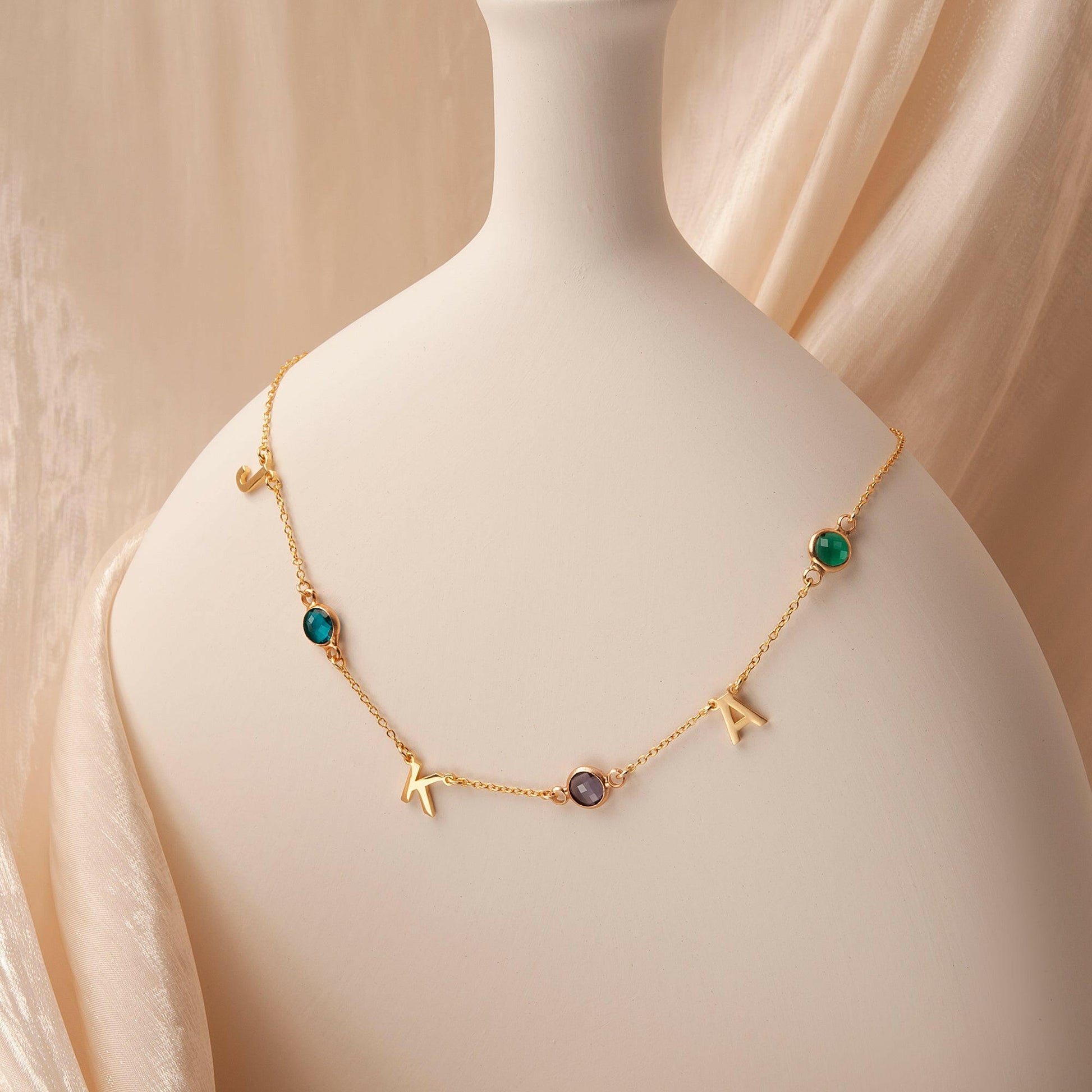 Personalized Horizontal Charms and Birthstone Necklace Necklace.