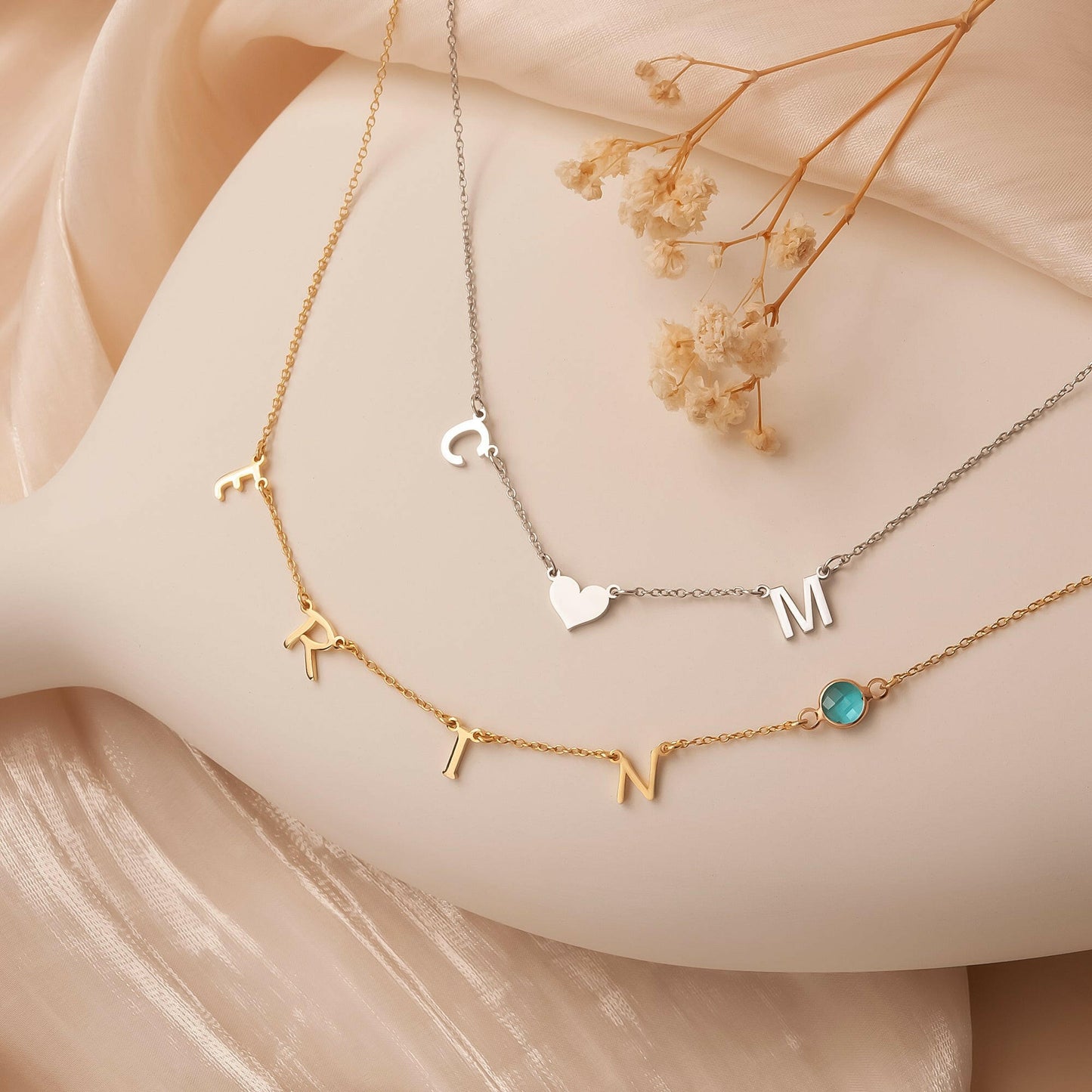 Personalized Horizontal Charms and Birthstone Necklace Necklace.