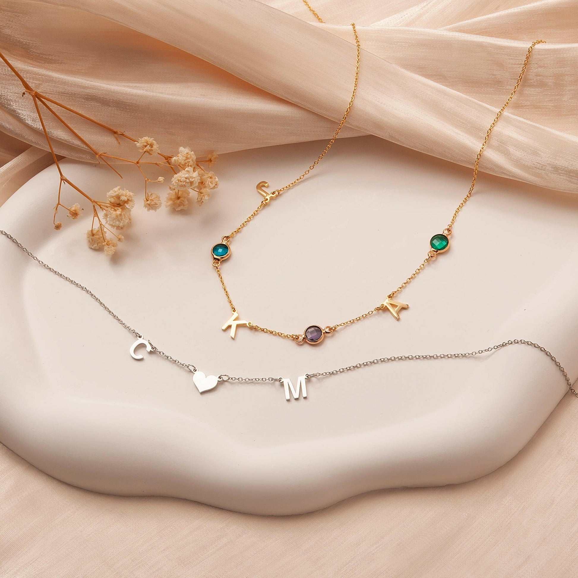Personalized Horizontal Charms and Birthstone Necklace Necklace.