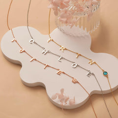 Personalized Horizontal Charms and Birthstone Necklace Necklace.