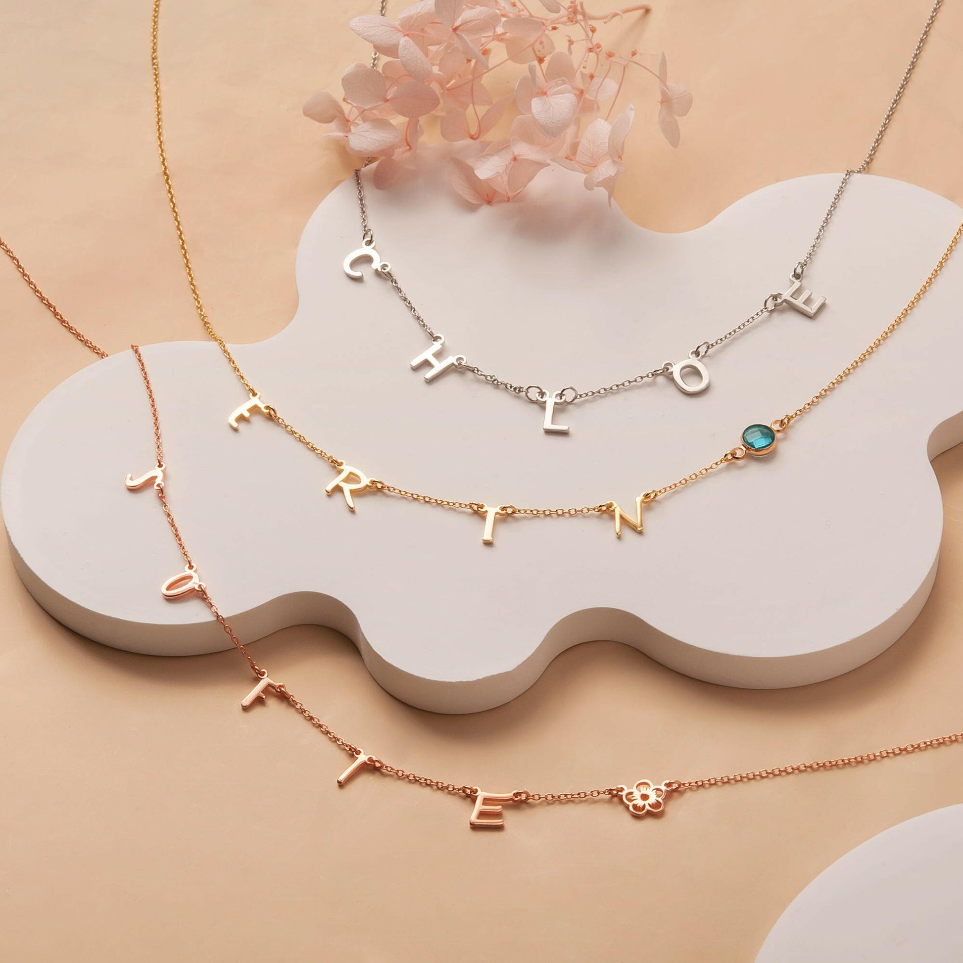Personalized Horizontal Charms and Birthstone Necklace Necklace.