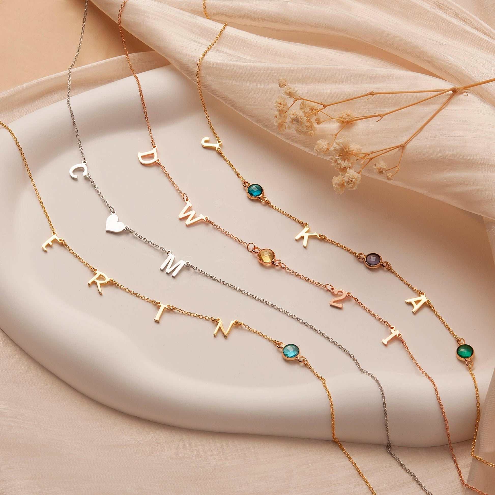 Personalized Horizontal Charms and Birthstone Necklace Necklace.