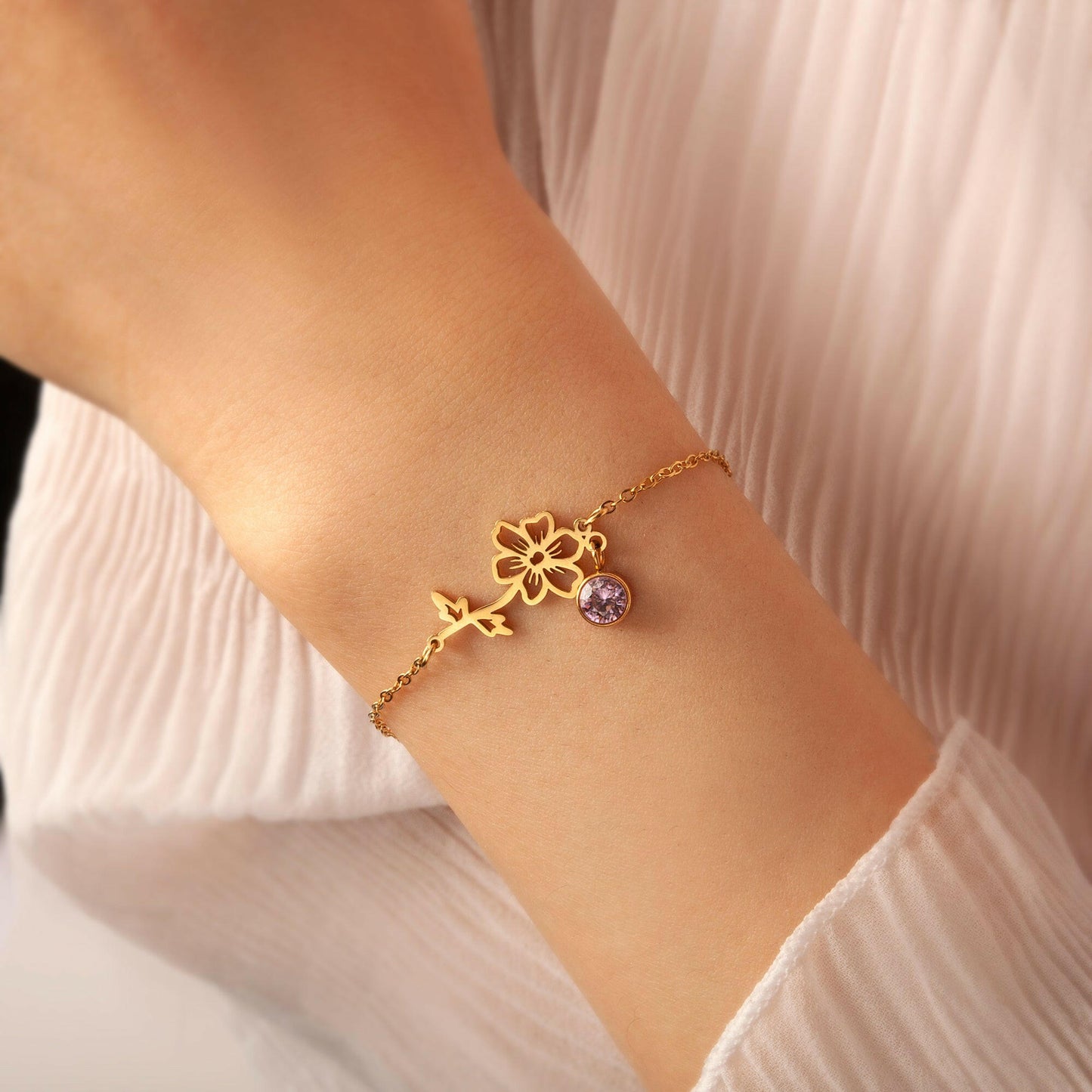 Birth Flower and Birth Stone Bracelet Birth Flower Jewelry.
