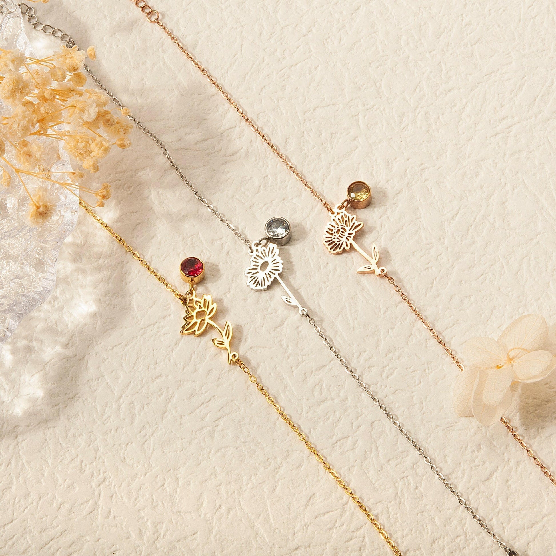 Birth Flower and Birth Stone Bracelet Birth Flower Jewelry.