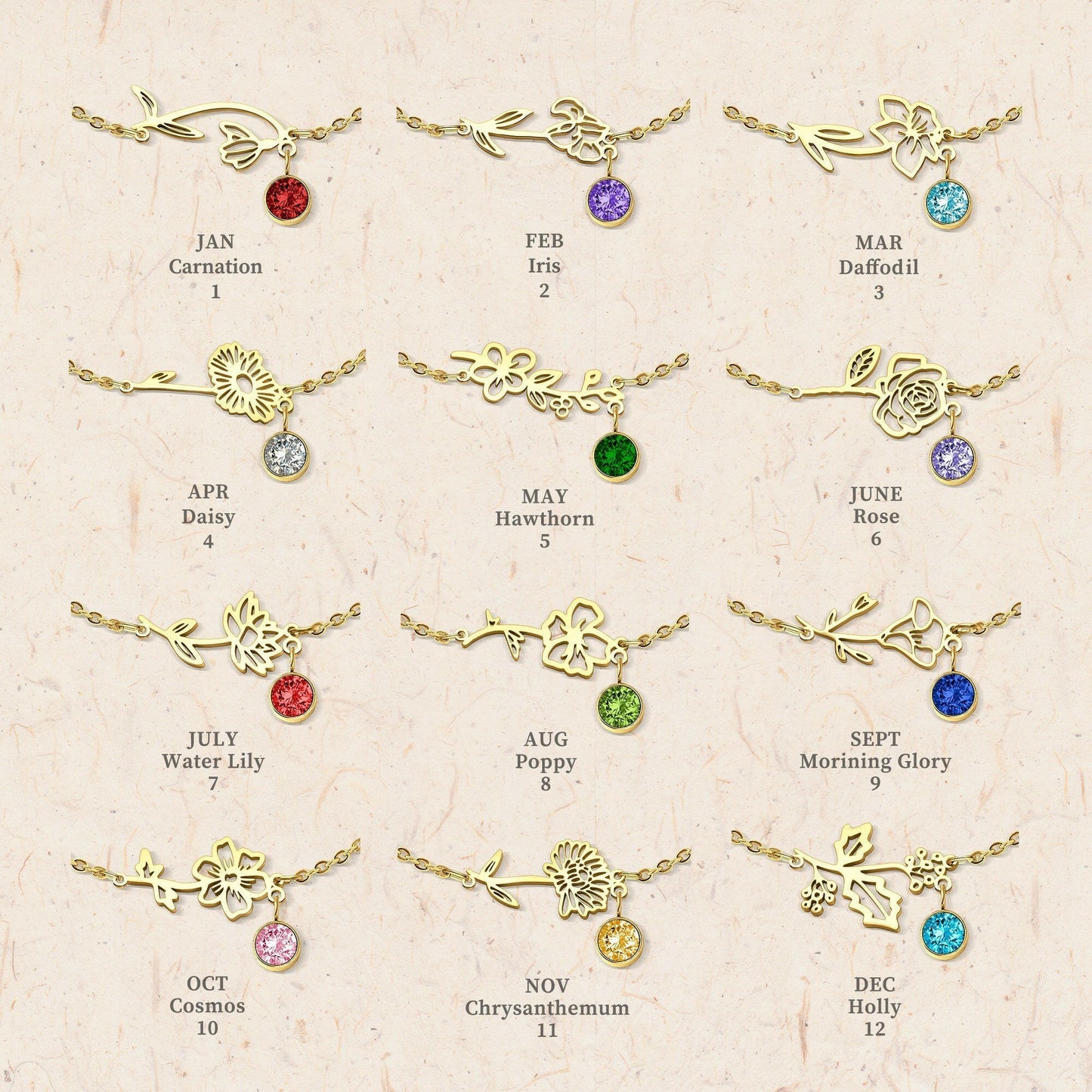 Birth Flower and Birth Stone Bracelet Birth Flower Jewelry.