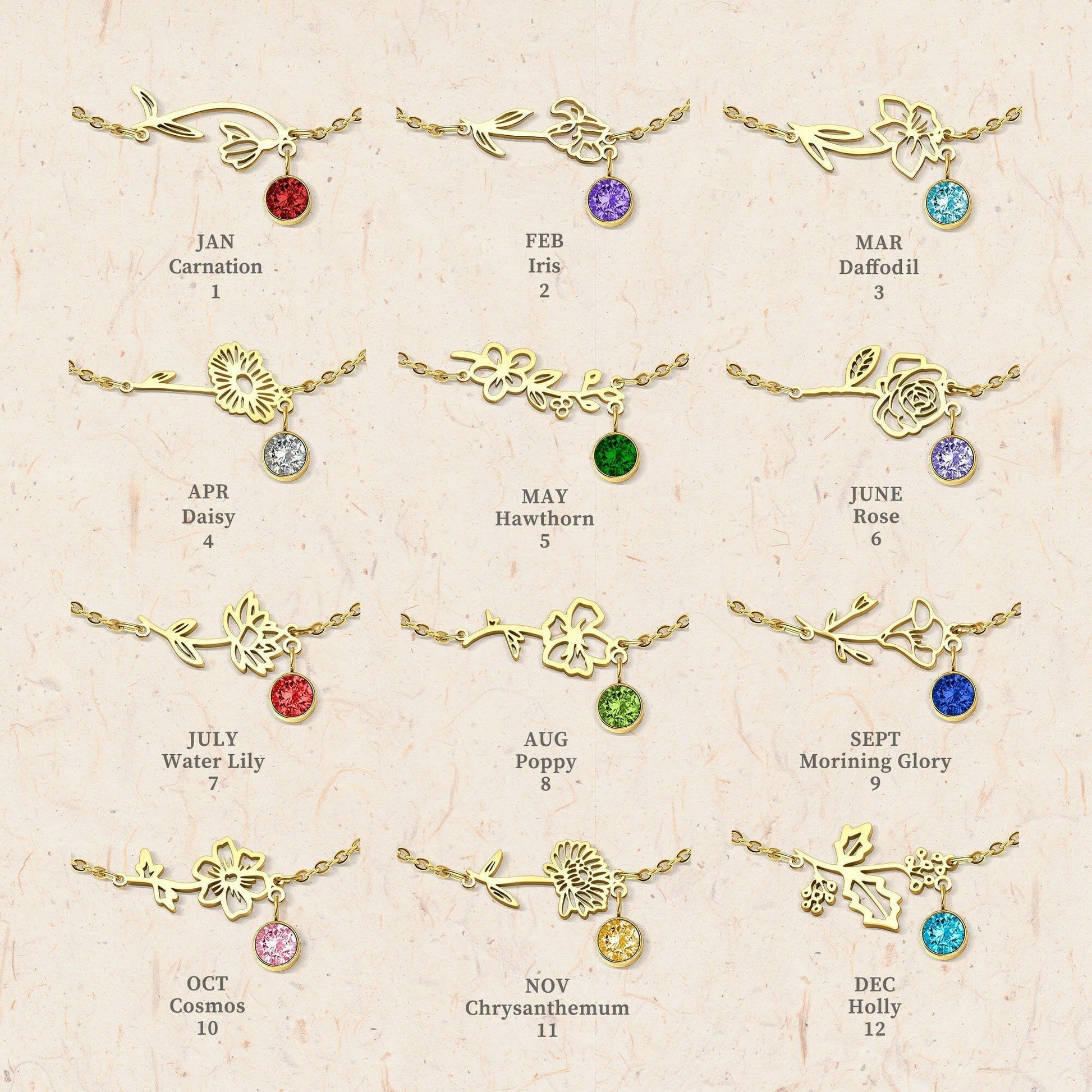 Birth Flower and Birth Stone Bracelet Birth Flower Jewelry.
