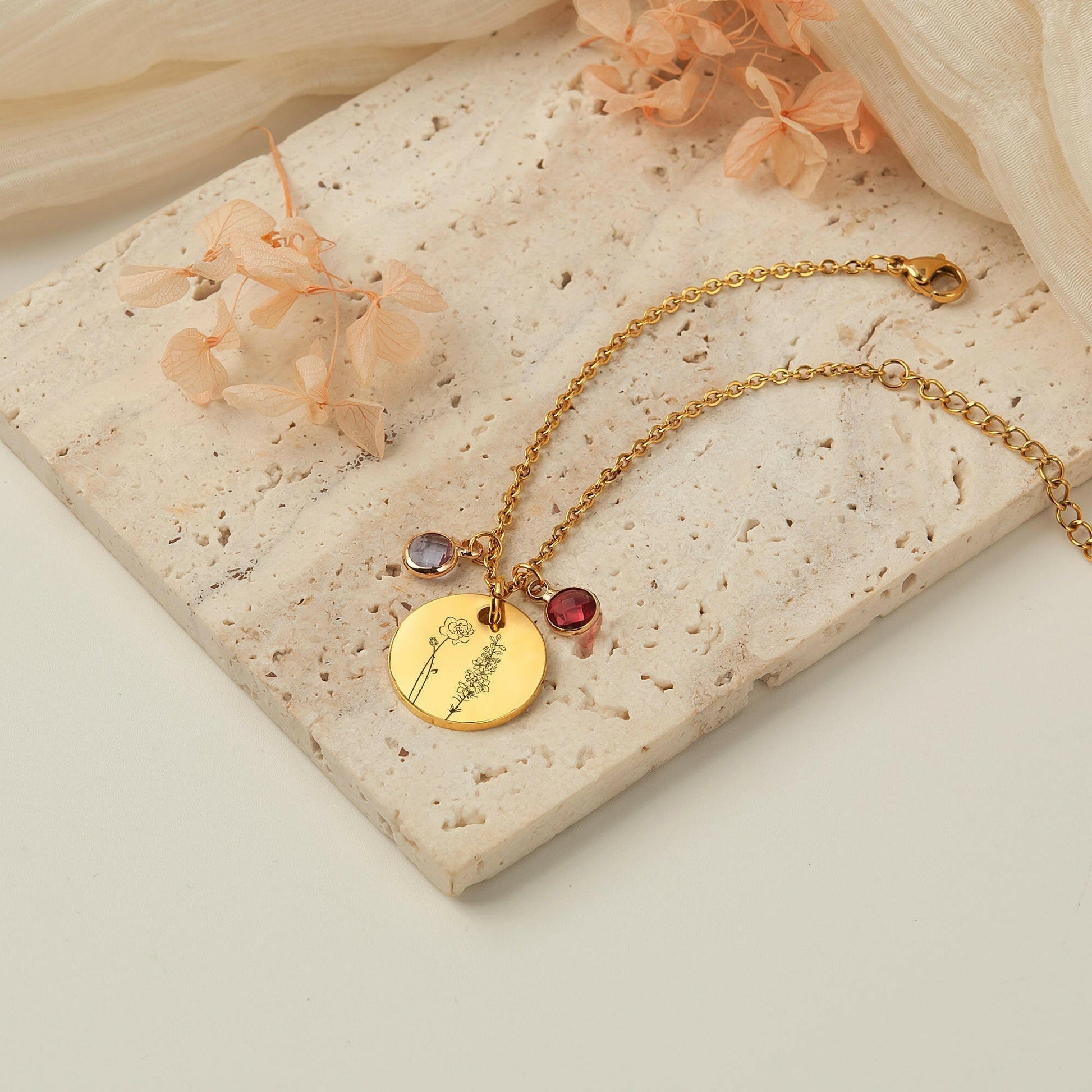 Custom Birth Flower and Birthstone Charm Bracelet Bracelet.
