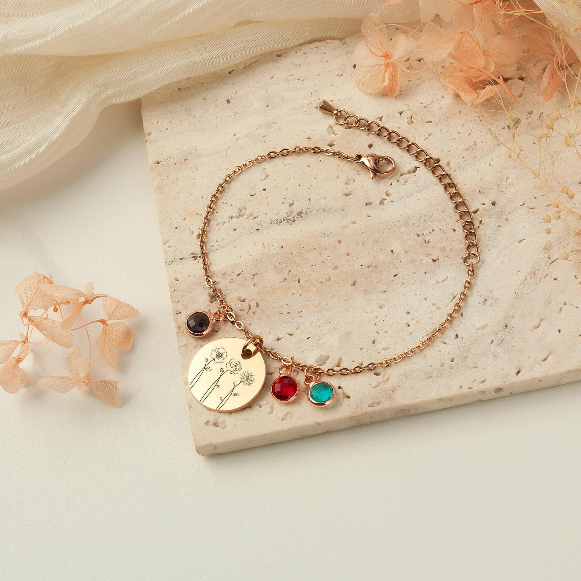 Custom Birth Flower and Birthstone Charm Bracelet Bracelet.