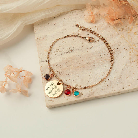 Custom Birth Flower and Birthstone Charm Bracelet Bracelet.