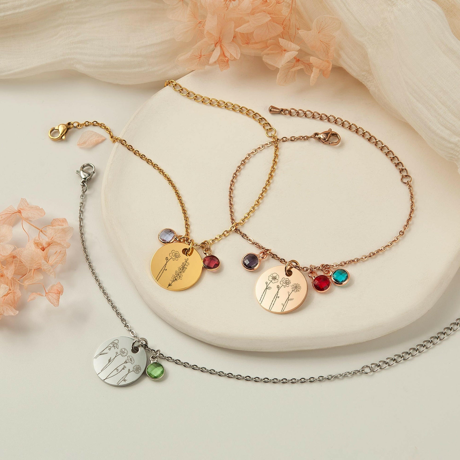 Custom Birth Flower and Birthstone Charm Bracelet Bracelet.