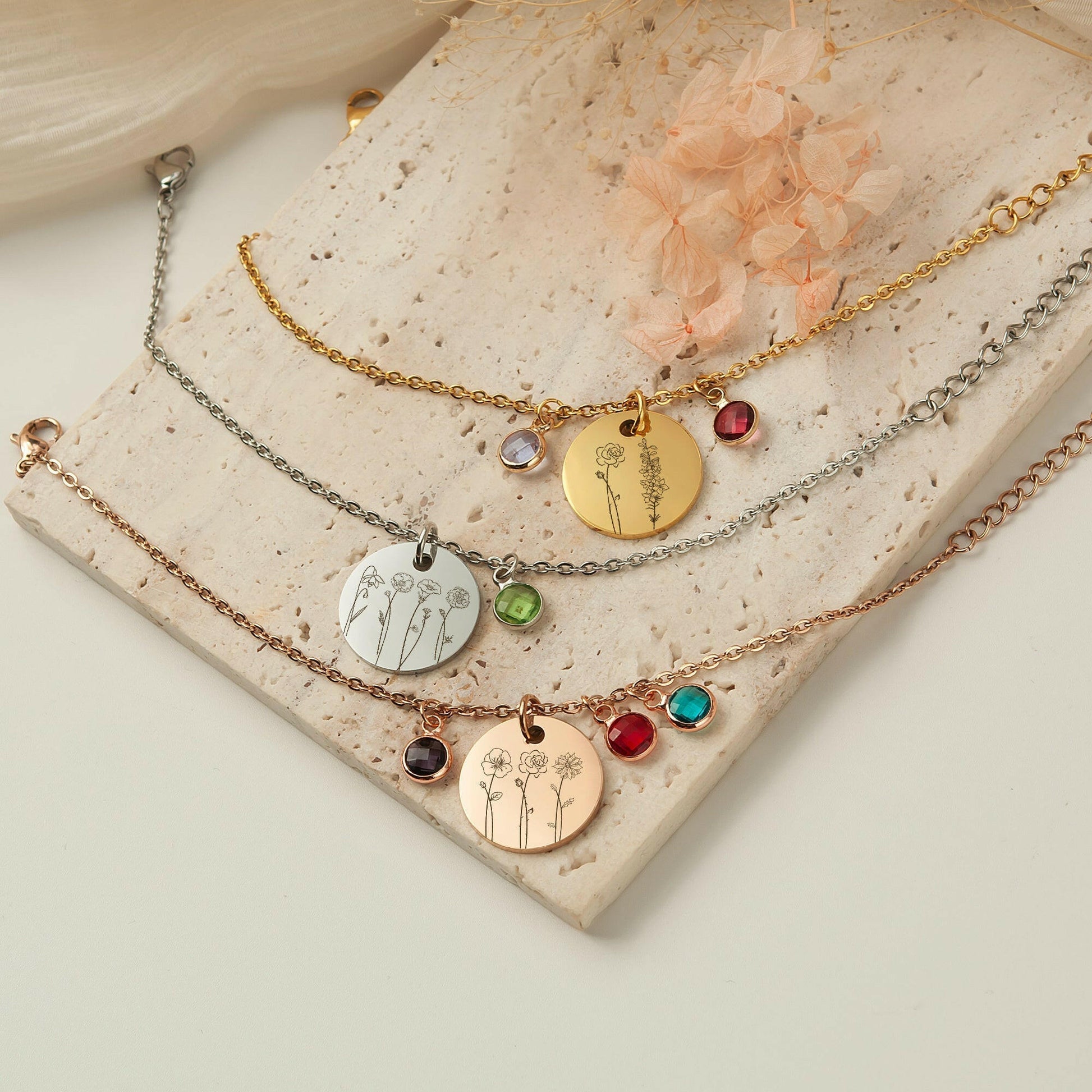 Custom Birth Flower and Birthstone Charm Bracelet Bracelet.