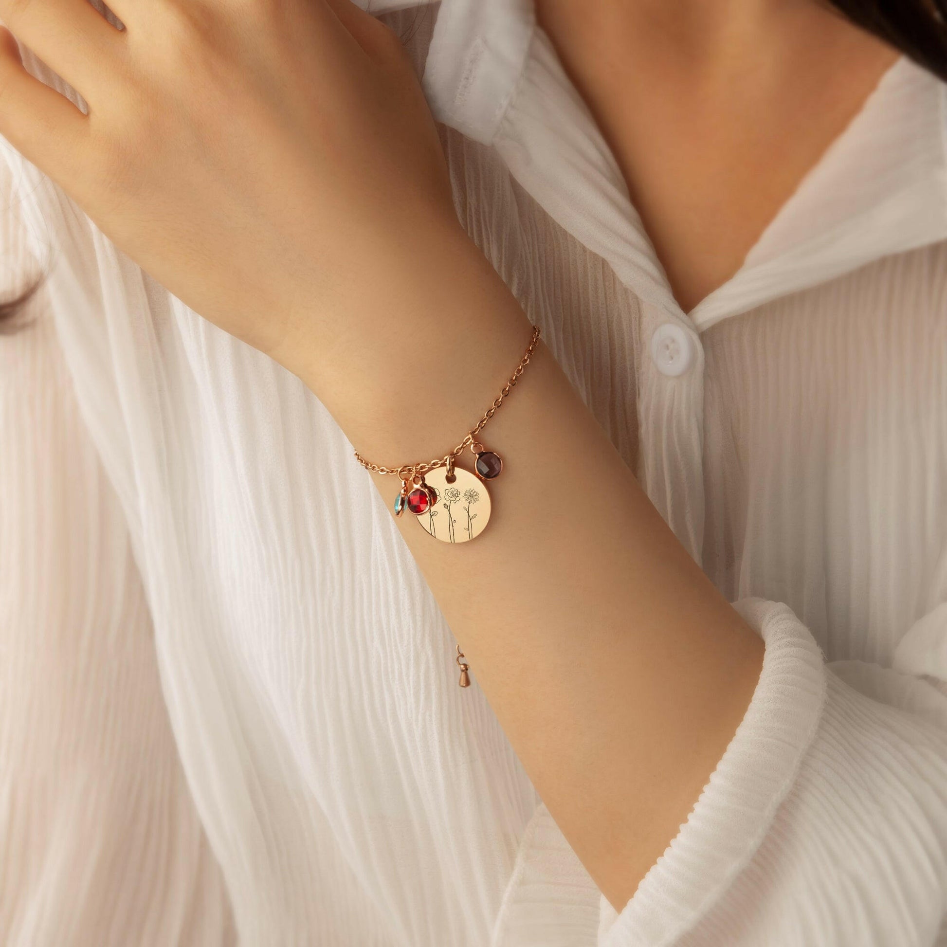 Custom Birth Flower and Birthstone Charm Bracelet Bracelet.