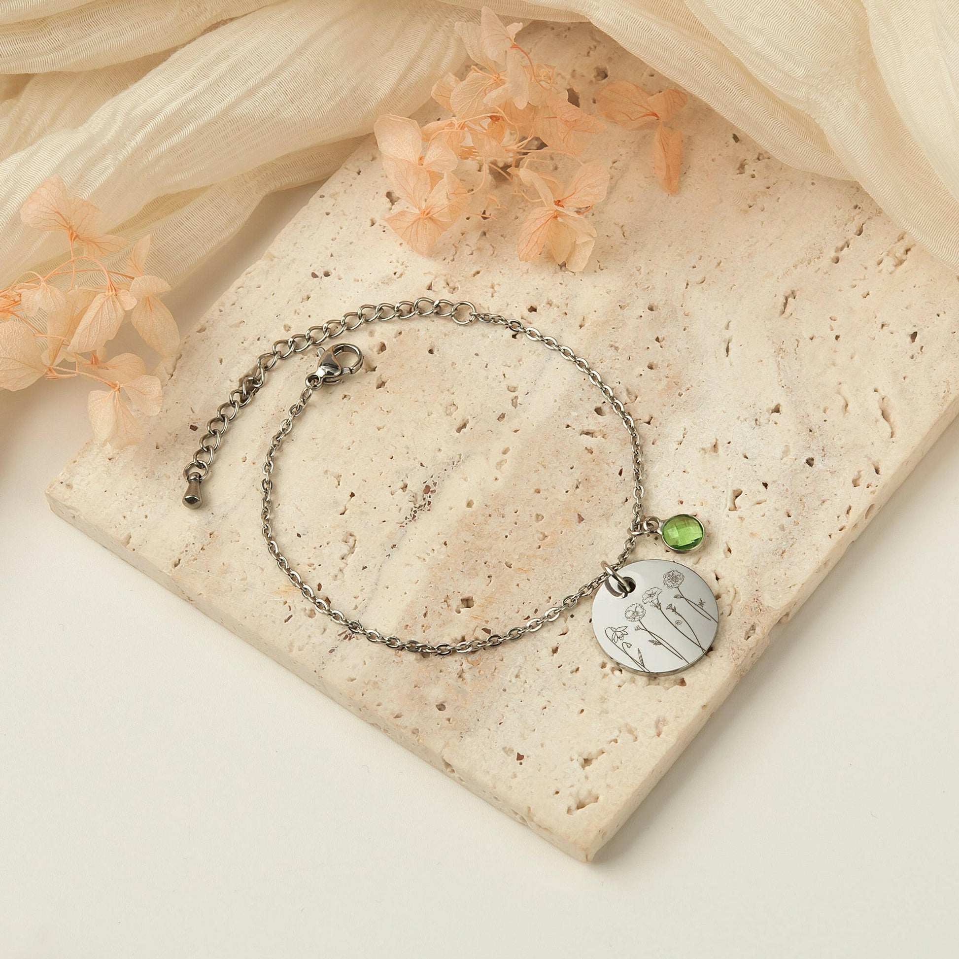 Custom Birth Flower and Birthstone Charm Bracelet Bracelet.