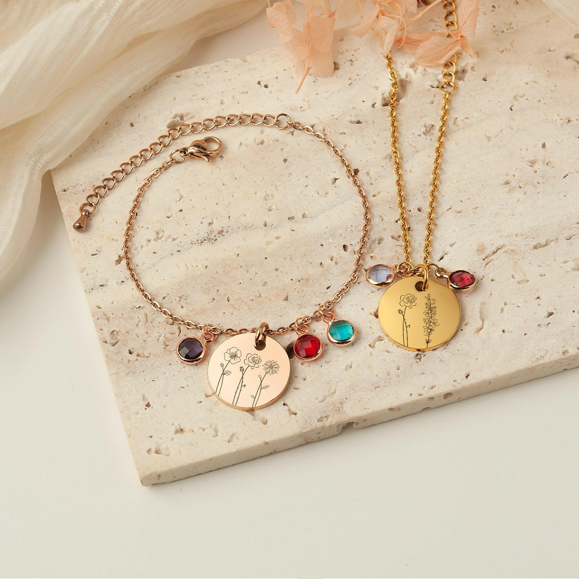 Custom Birth Flower and Birthstone Charm Bracelet Bracelet.