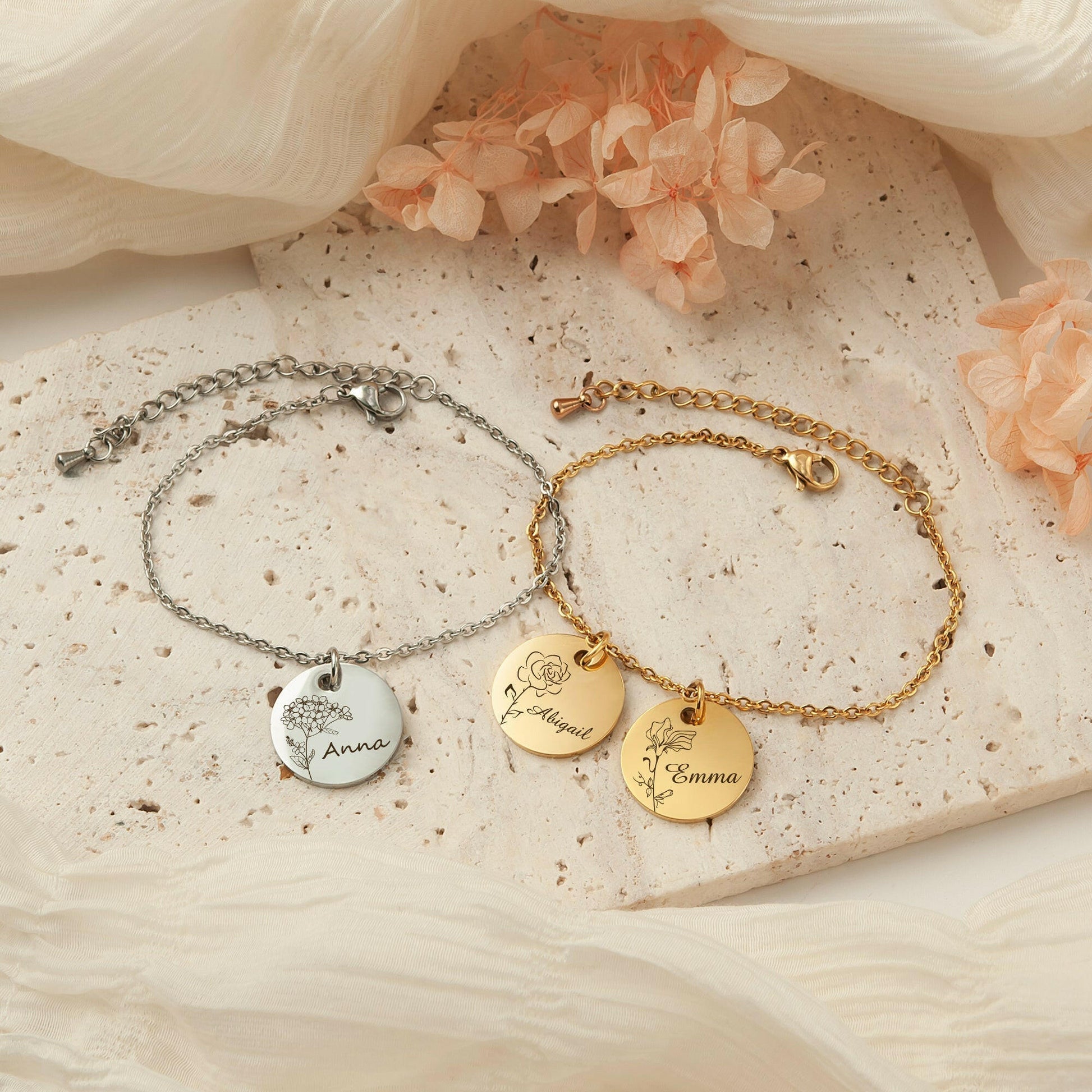 Custom Birth Flower and Name Charm  Bracelet Bracelet.