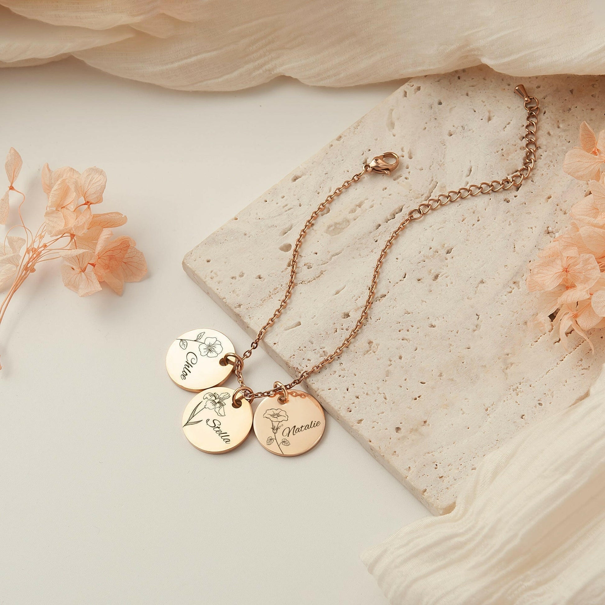Custom Birth Flower and Name Charm  Bracelet Bracelet.