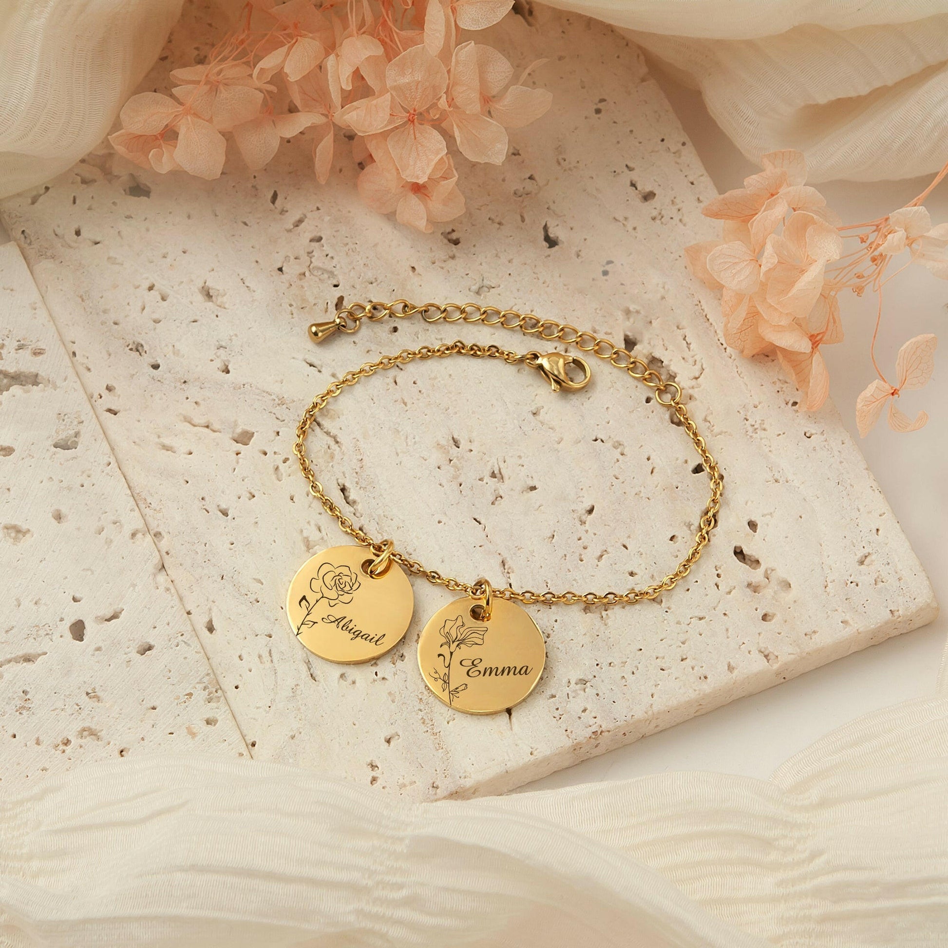 Custom Birth Flower and Name Charm  Bracelet Bracelet.