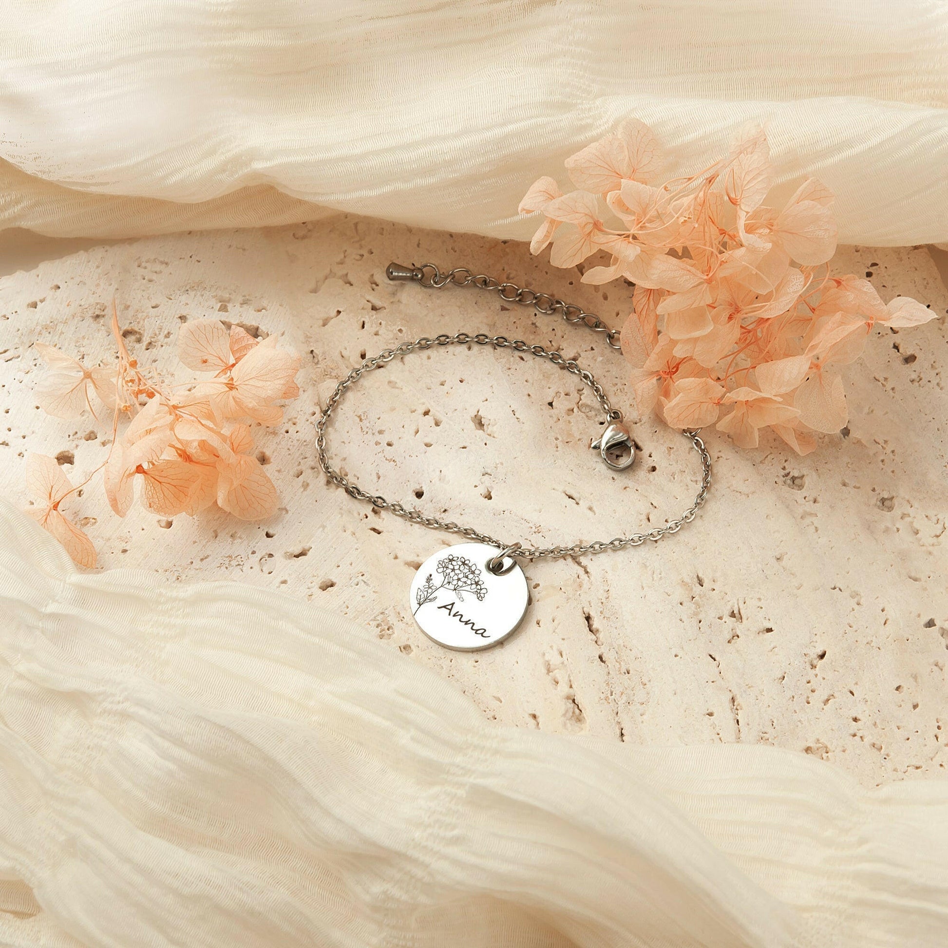 Custom Birth Flower and Name Charm  Bracelet Bracelet.