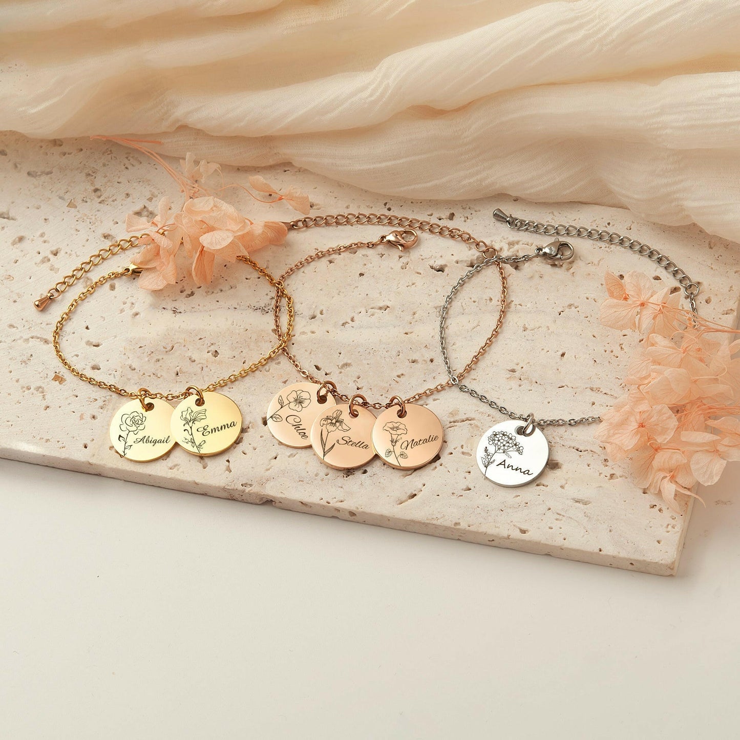 Custom Birth Flower and Name Charm  Bracelet Bracelet.