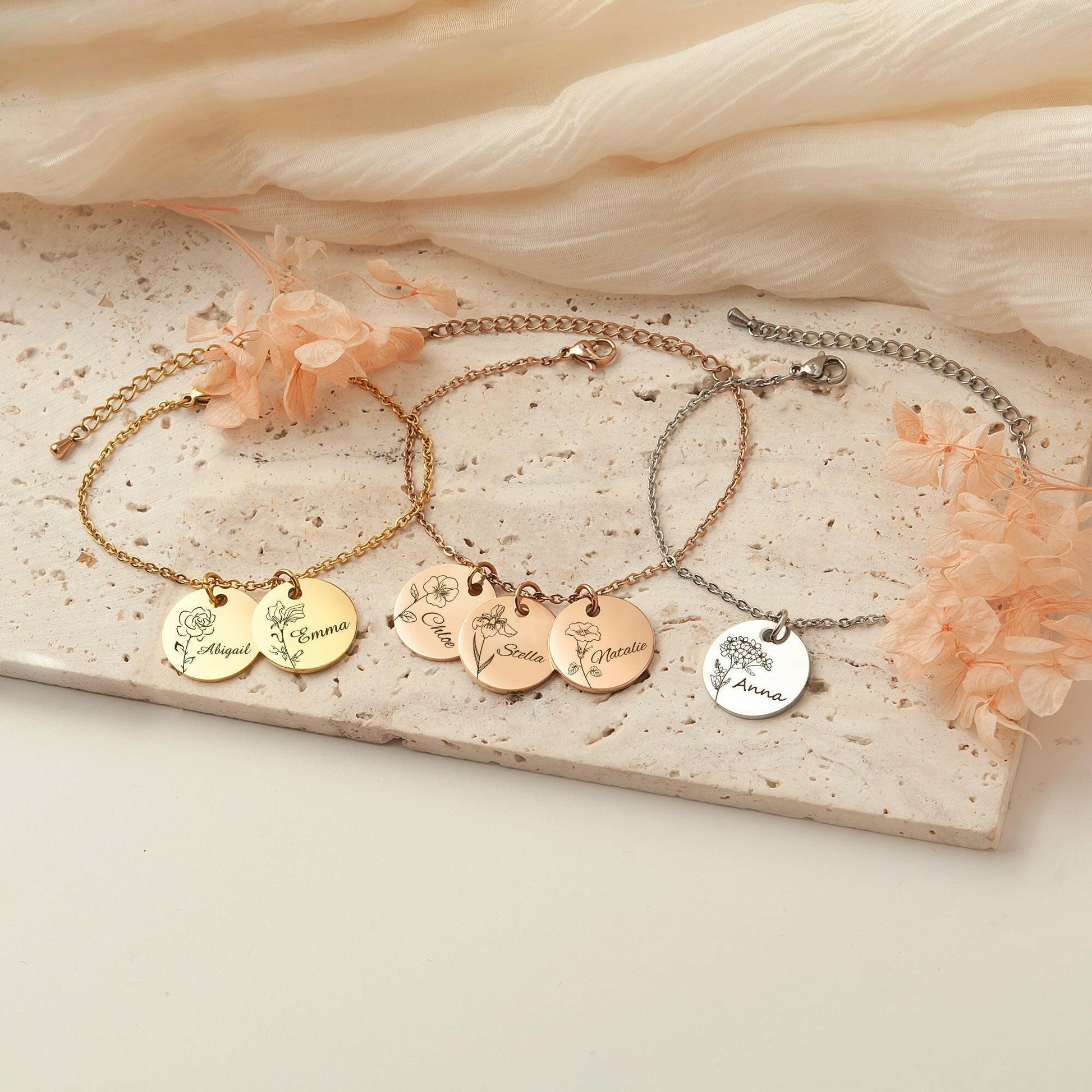 Custom Birth Flower and Name Charm  Bracelet Bracelet.