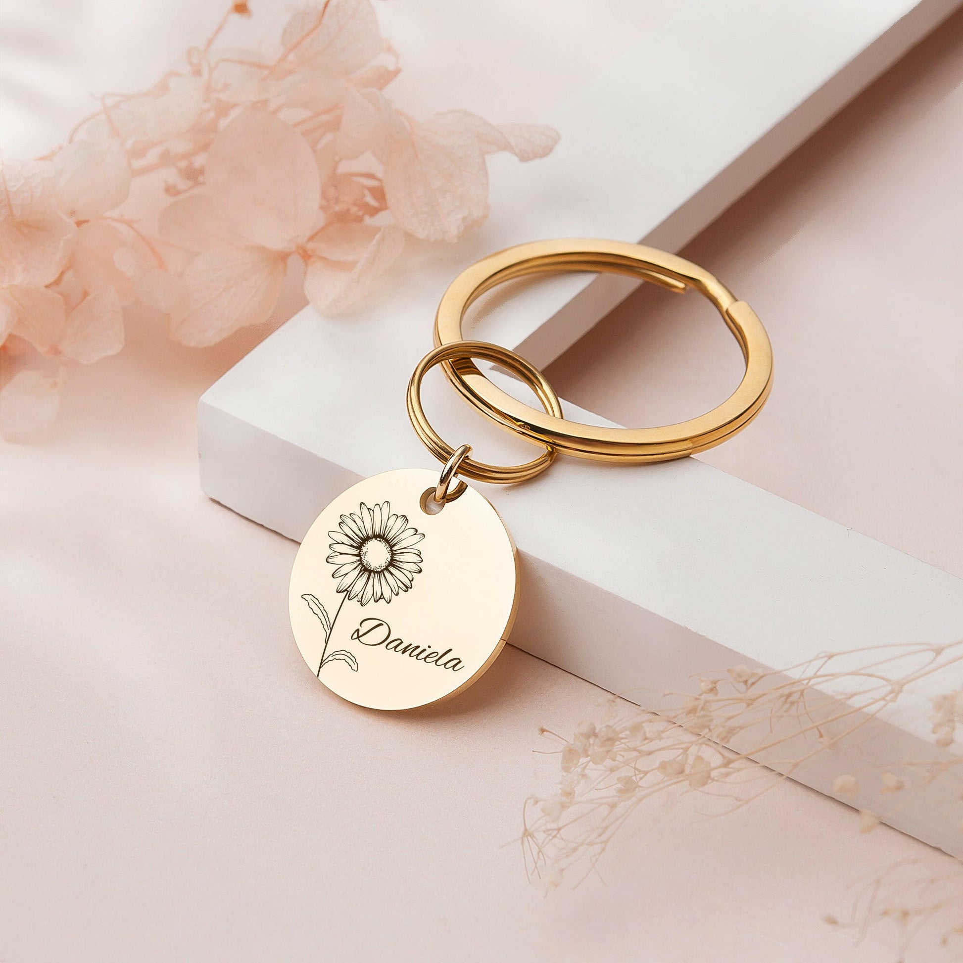 Custom Birth Flower and Name key chain Birth Flower Jewelry.