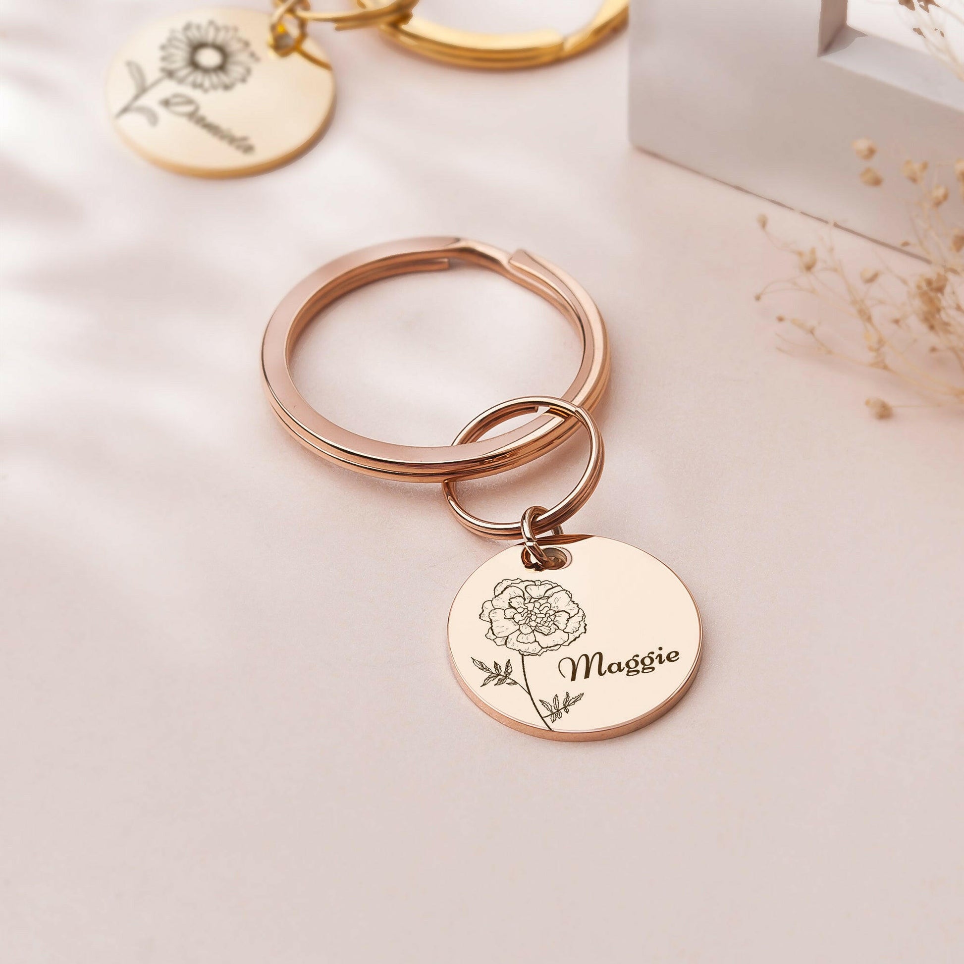 Custom Birth Flower and Name key chain Birth Flower Jewelry.